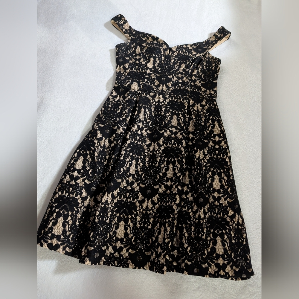 Lace black dress, party playful dress with princess neckline, size X Small